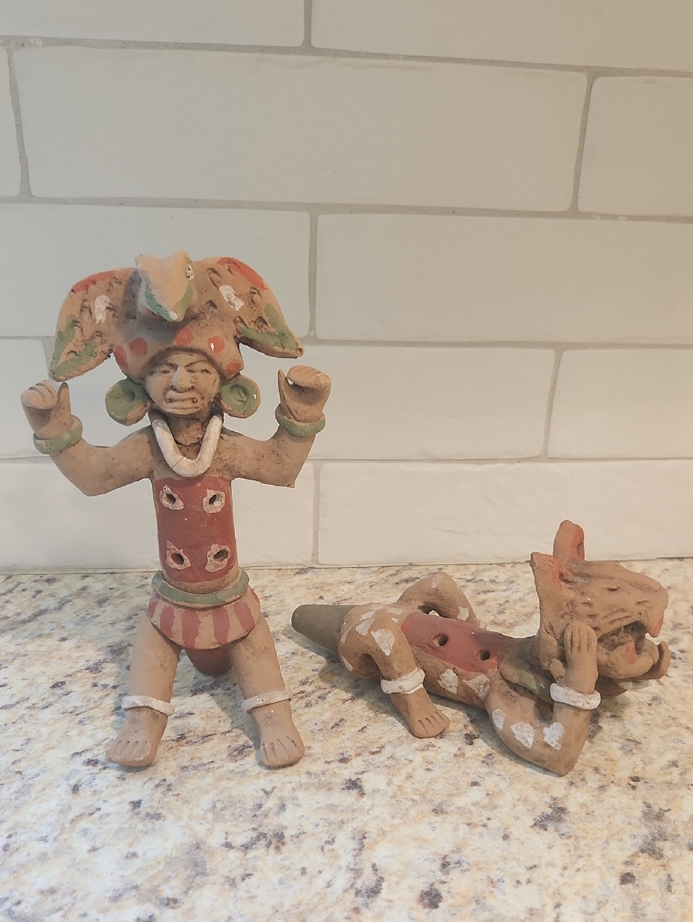 Aztec Mayan Mexican Folk Art Pottery Whistle Figures Set Of 2